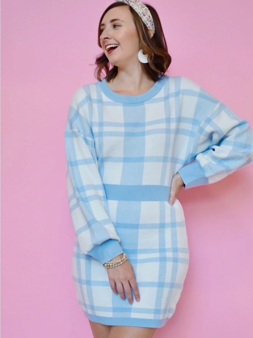 Pink Lily Blue and White Plaid BodyCon Sweater Mini Dress w/ Balloons Sleeves.